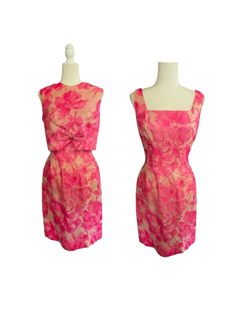 Vintage 1950s/60s Pink Floral Bow Wiggle Dress | Removable Overlay Top | Union